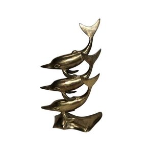 Vintage Triple Dolphins Brass Sculpture. Coastal, Nautical Design 8¾" H